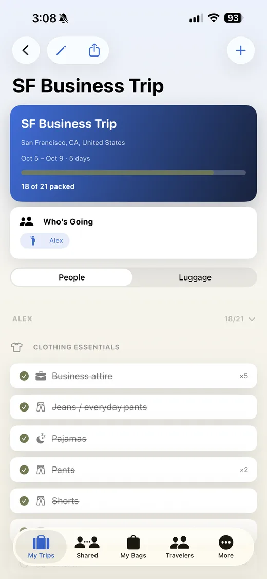 MasterPacker trip packing list screen